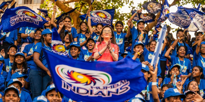 Mrs. Nita M. Ambani, Chairperson, Reliance Foundation & Owner, Mumbai Indians, cheering for the team with girls in Mumbai at the special ESA Day match