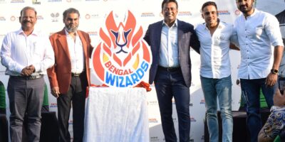 (L to R) Dr Vijay Shah, Mr Yatin Gupte and Mr Leander Paes - Owners of the Bengal Wizards, Co Founders of TPL Mr. Kunal Thakkur and Mr. Mrunal Jain at the Club Millenium Juhu during the Announcement Event of Bengal Wizard