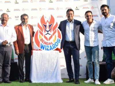 (L to R) Dr Vijay Shah, Mr Yatin Gupte and Mr Leander Paes - Owners of the Bengal Wizards, Co Founders of TPL Mr. Kunal Thakkur and Mr. Mrunal Jain at the Club Millenium Juhu during the Announcement Event of Bengal Wizard