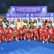 The triumphant Punjab team after winning the men’s national hockey title after defeating Madhya Pradesh in the final in Jhansi on April 14, 2025.