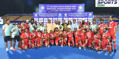 The triumphant Punjab team after winning the men’s national hockey title after defeating Madhya Pradesh in the final in Jhansi on April 14, 2025.