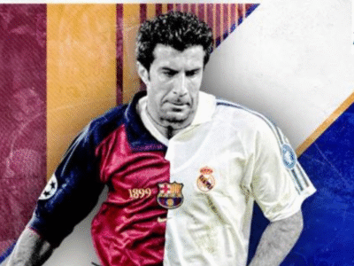 in this pic there are two jersey on one player half is real madrid and the other one is barcelona and player luis figo is in a action pose
