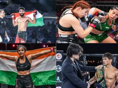 Top Left: Anshul Jubli(UFC's First Indian Fighter), Top Right: Pooja Tomar Becomes the first indian to win a UFC bout, Bottom Left: Ritu Phogat faces the biggest MMA fight of her life, Bottom Right: Angad Bisht becomes a world class fighter from a gym trainer.