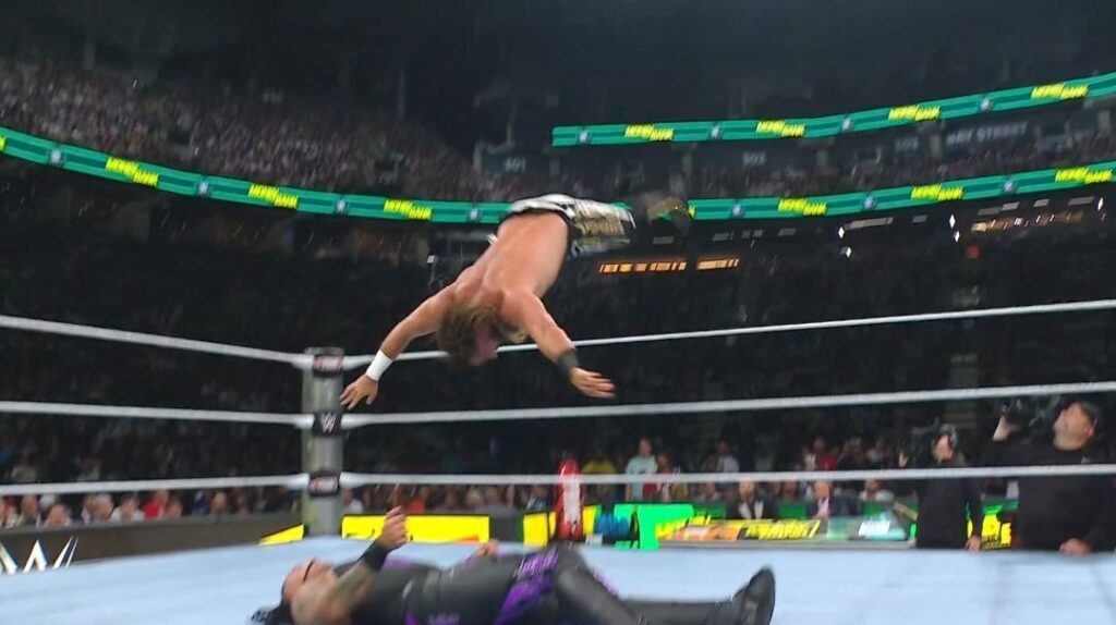 Rollins, known for his athleticism and relentless in-ring style, was attempting a senton followed by a moonsault—classic high-risk maneuvers that he’s performed flawlessly many times throughout his career