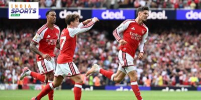Arsenal players celebrate during their 2-0 victory over Chelsea in the Premier League.