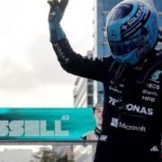 George Russell celebrates pole position at the F1 Azerbaijan Grand Prix 2026