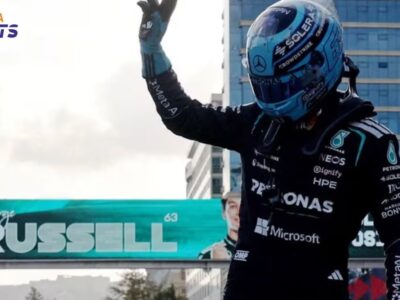 George Russell celebrates pole position at the F1 Azerbaijan Grand Prix 2026