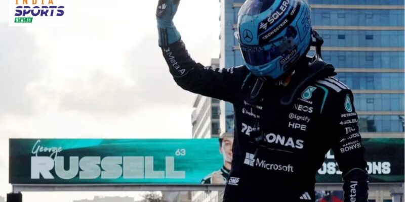 George Russell celebrates pole position at the F1 Azerbaijan Grand Prix 2026