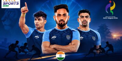 Graphic featured three Indian kabaddi players wearing Team India jerseys, promoting the 20th Asian Games Aichi-Nagoya 2026.