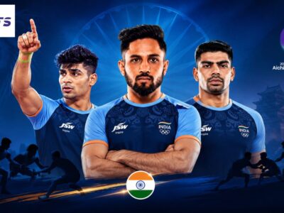 Graphic featured three Indian kabaddi players wearing Team India jerseys, promoting the 20th Asian Games Aichi-Nagoya 2026.