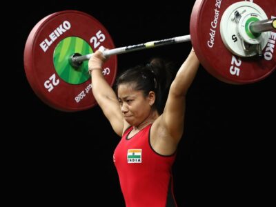 Sanjita Chanu competing in weightlifting